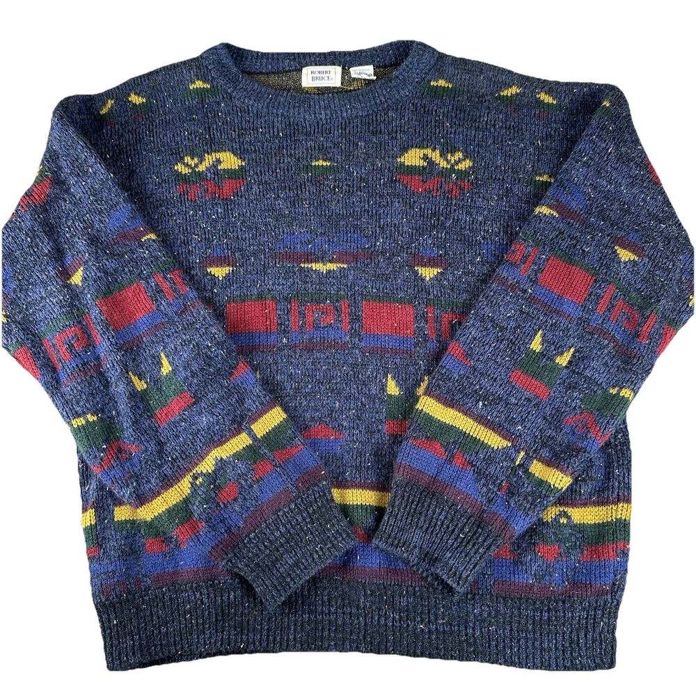 Vintage Robert Bruce Men’s Large Wool Blend Sweater Geometric Dad Winter 90s